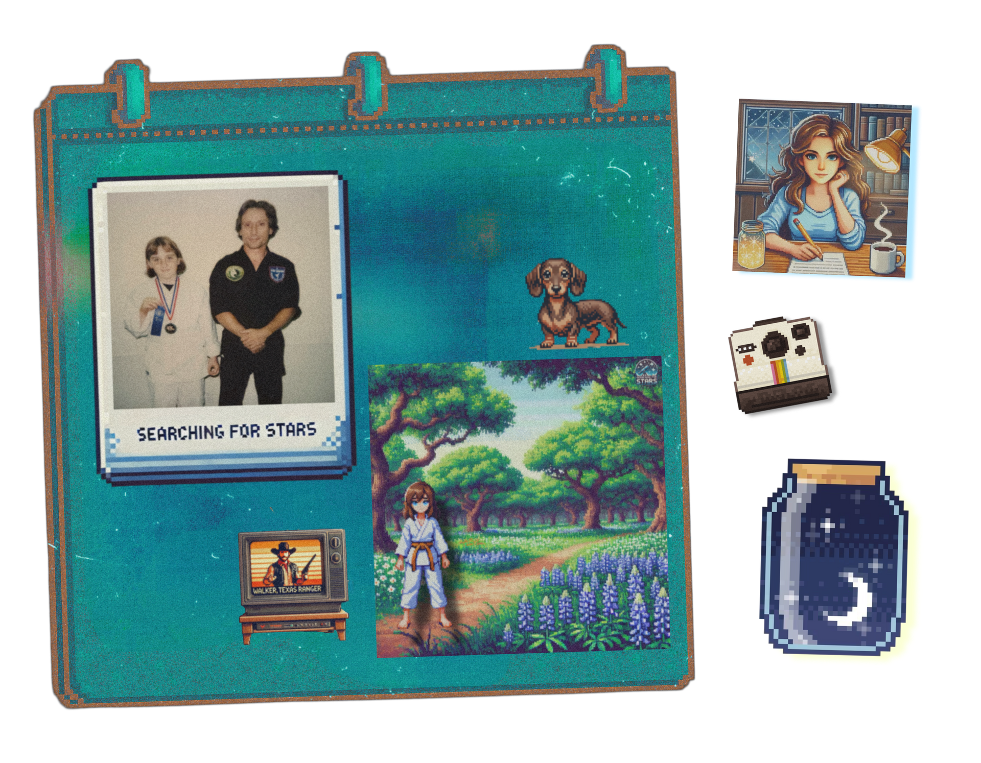 Scrapbook-style pixel art image collage featuring a childhood Polaroid, a karate-themed pixel illustration, and nostalgic elements including a TV featuring Walker Texas Ranger and a dachshund. A Searching for Stars mixed media memoir scrapbook experience connected to