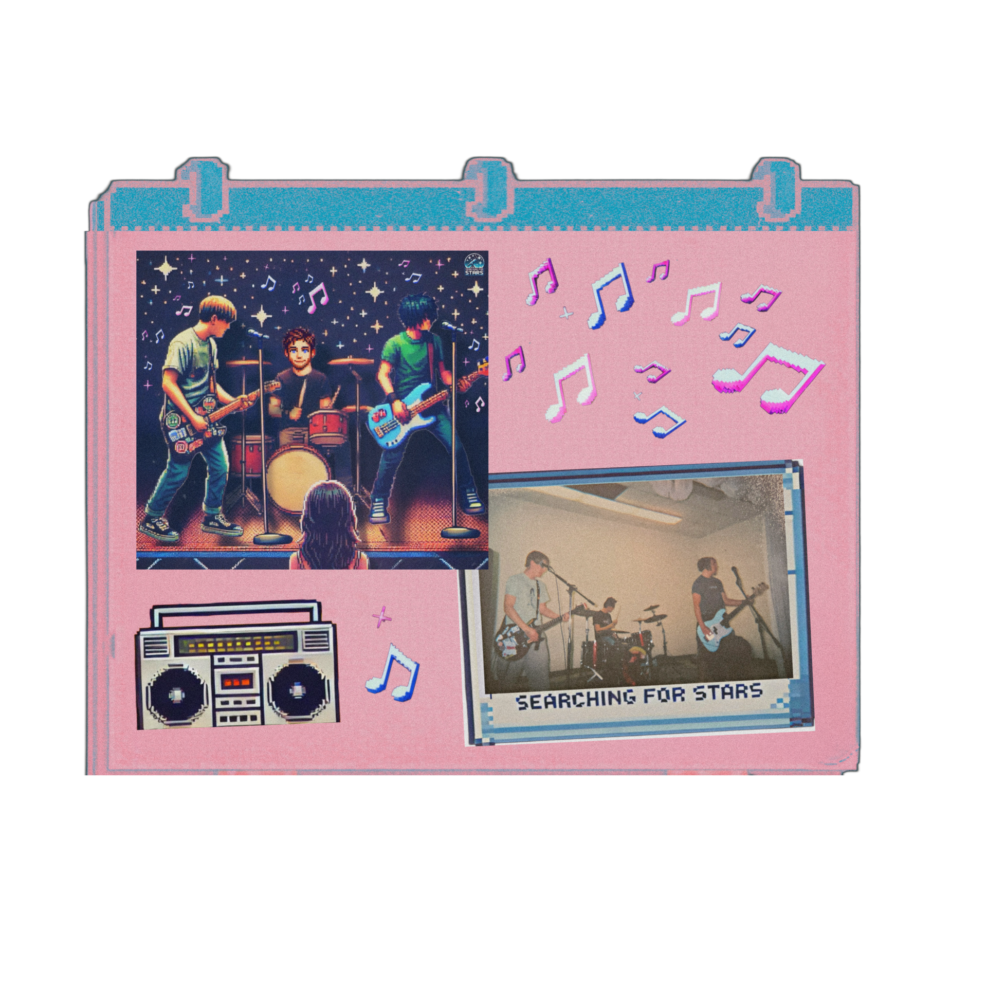 Scrapbook-style pixel art image featuring a retro pixel illustration of a teenage band performing on stage alongside a real-life Polaroid photo of a garage band called Packrat 7, with music note stickers and a boom box, representing memories tied to the Modest Mouse song Dashboard, emotional story of hope and beauty in darkness in a Searching for Stars universe. 
