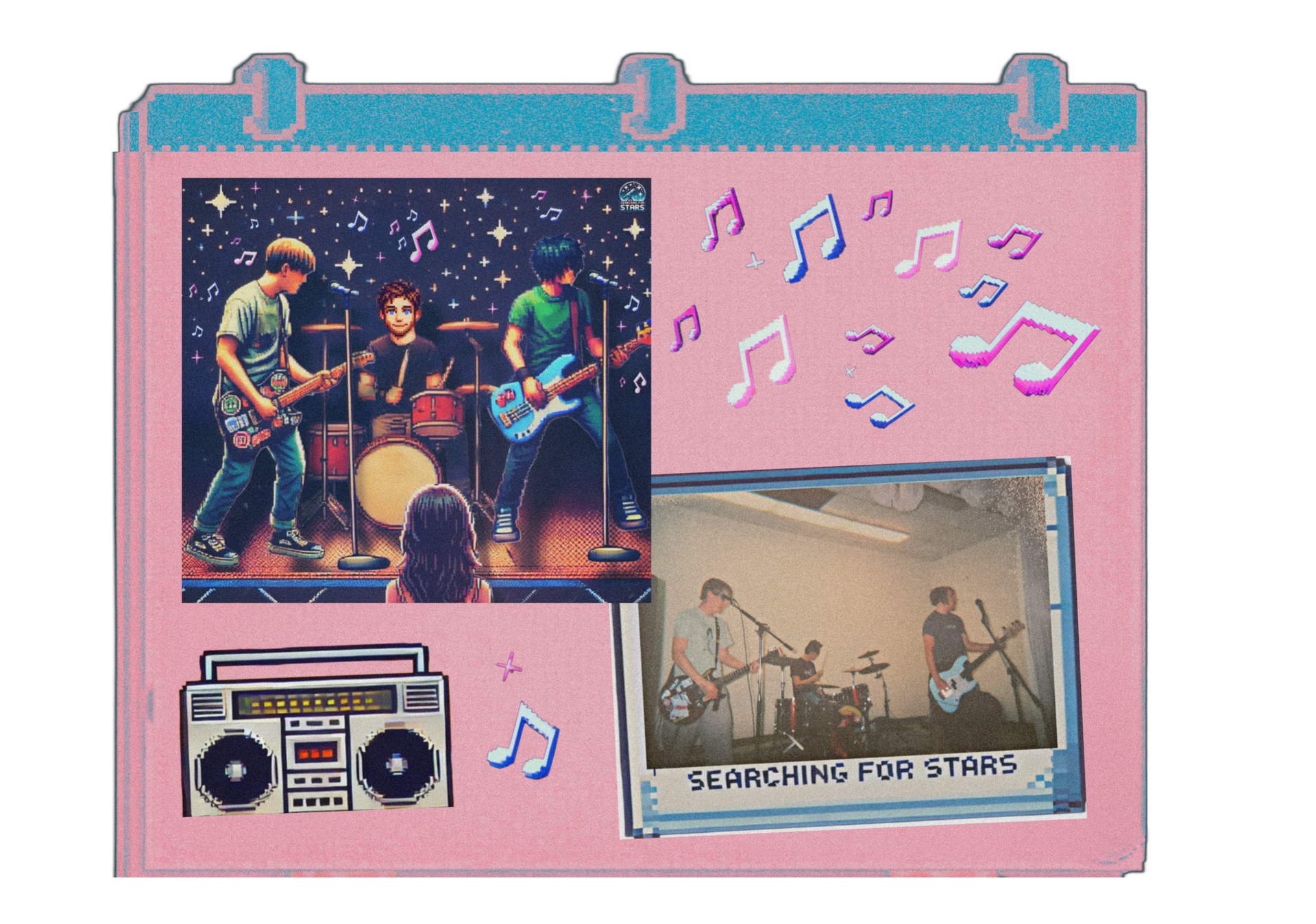 Scrapbook-style pixel art image featuring a retro pixel illustration of a teenage band performing on stage alongside a real-life Polaroid photo of a garage band called Packrat 7, with music note stickers and a boom box, representing memories tied to the Modest Mouse song Dashboard, emotional story of hope and beauty in darkness in a Searching for Stars universe.