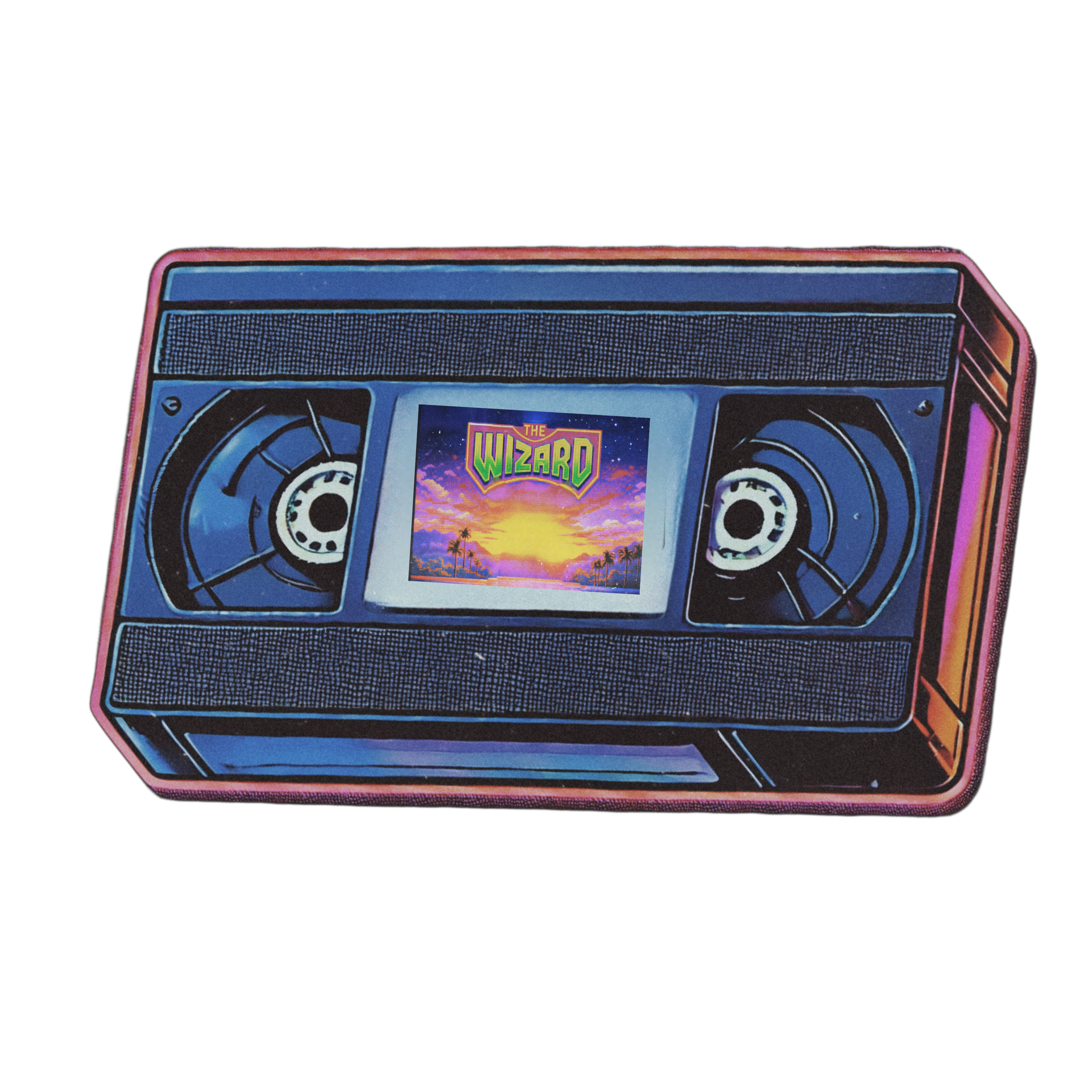 Retro pixel art of a VHS cassette tape with a The Wizard movie label at the center, showing exposed reels and a vibrant sunset scene. The image evokes 1980s and 1990s nostalgia, video game culture, and the era of VHS movie rentals, aligning with the Searching for Stars multimedia memoir aesthetic.