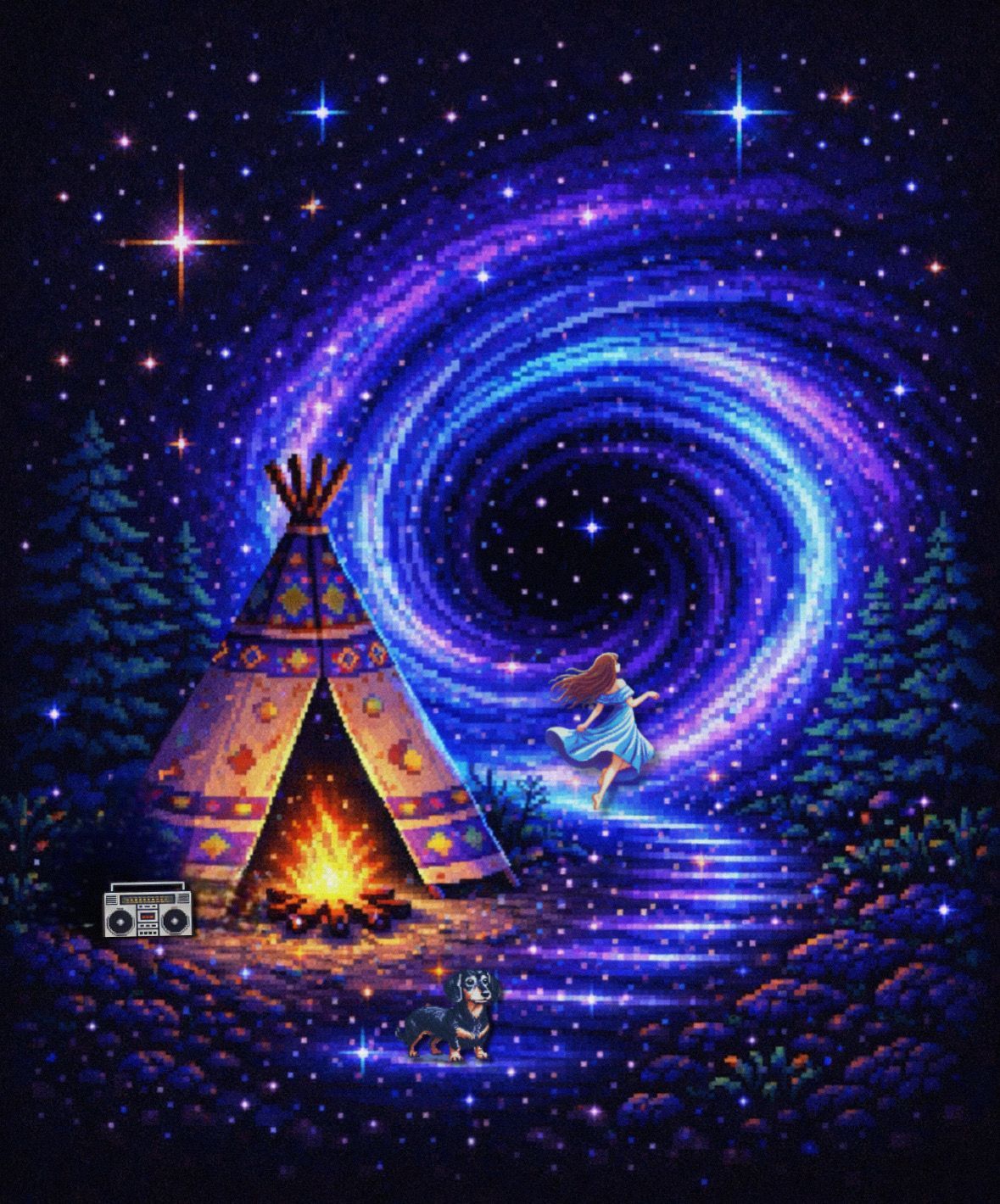Searching for Stars memory portal icon — teepee campfire and cosmic spiral representing the gateway back to the Searching for Stars homepage.
 illustrating musical echolalia — the way songs unlock memories — in the Searching for Stars multimedia memoir.