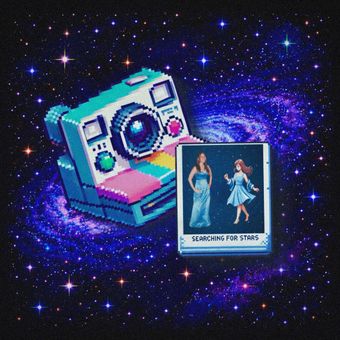 Pixel art camera floating in a galaxy beside a polaroid photo of Lauren Nixon-Matney and her pixel art counterpart, representing the Searching for Stars digital scrapbook of memories, photos, and nostalgic life moments. A Live action/animation hybrid tribute.