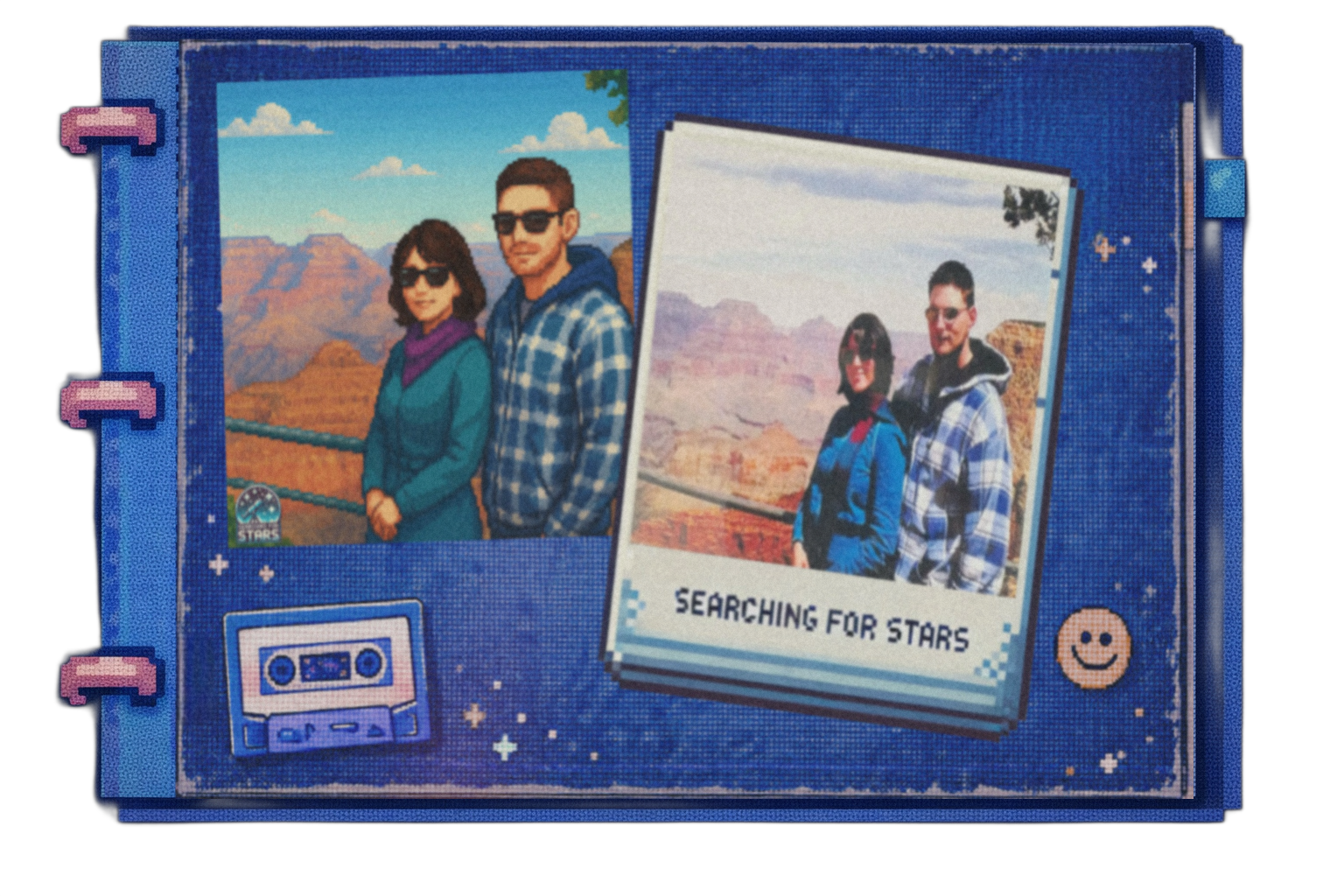 Scrapbook-style pixel art image showing a side-by-side comparison of a real photograph and a Polaroid-style frame from Searching for Stars, featuring a couple at a scenic overlook of The Grand Canyon, with retro cassette tape and smiley face stickers inspired by memory, music, and a Randy Travis Vinyl.