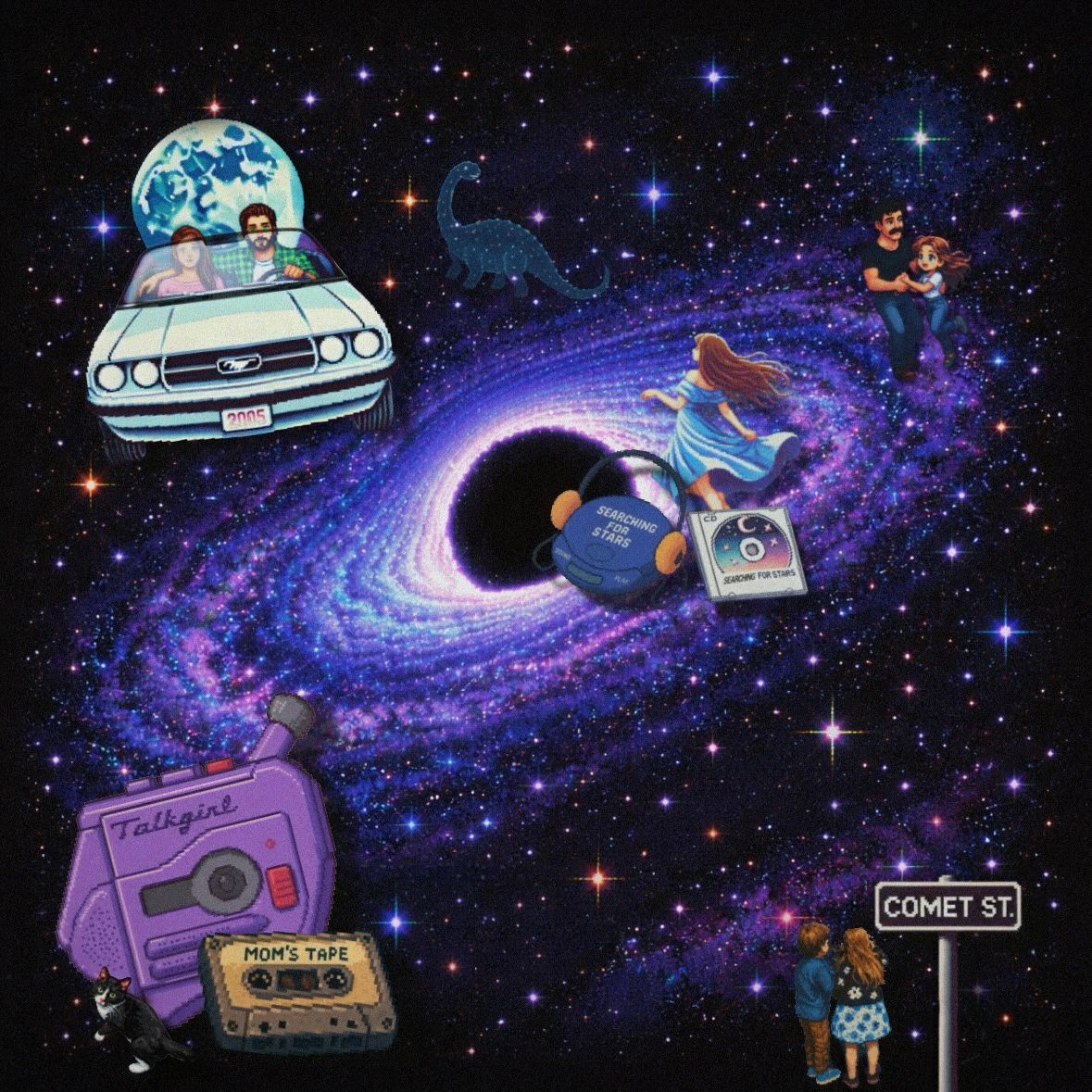 Pixel art galaxy with a black hole pulling music objects and life memories into orbit, illustrating musical echolalia — the way songs unlock memories — in the Searching for Stars multimedia mixtape memoir.