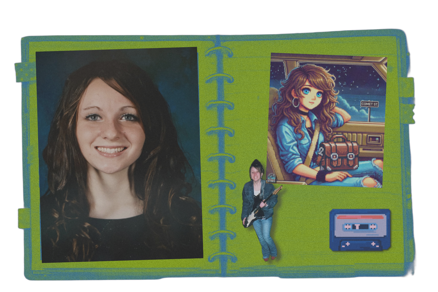 Scrapbook-style pixel art image showing a side-by-side comparison of a retro pixel illustration and a Polaroid-style photo of Lauren  and music-themed details. Part of the Searching for Stars scrapbook inspired by the story 