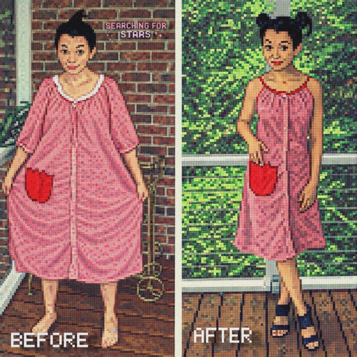 A pixel art image for  Letters of Light from The Cosmic Post Office in the Searching for Stars universe, A tribute to Refashionista Jillian Owens