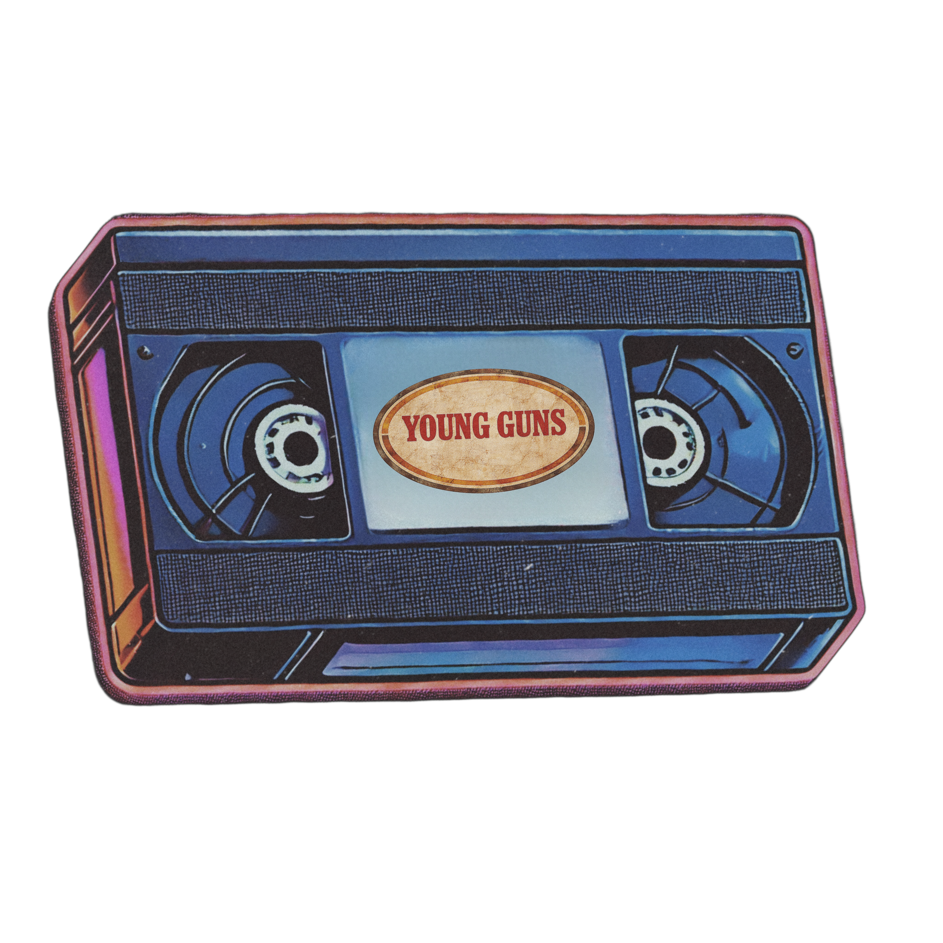 Searching for Stars Be Kind Rewind portal image featuring a retro VHS cassette with oval “Young Guns” label in rustic vintage newspaper tones, representing cinematic memoir storytelling, 90s nostalgia, and western film memory within the Searching for Stars multimedia memoir experience by Lauren Nixon Matney, blending film nostalgia, music memory, and mixtape-style storytelling in the Searching for Stars universe