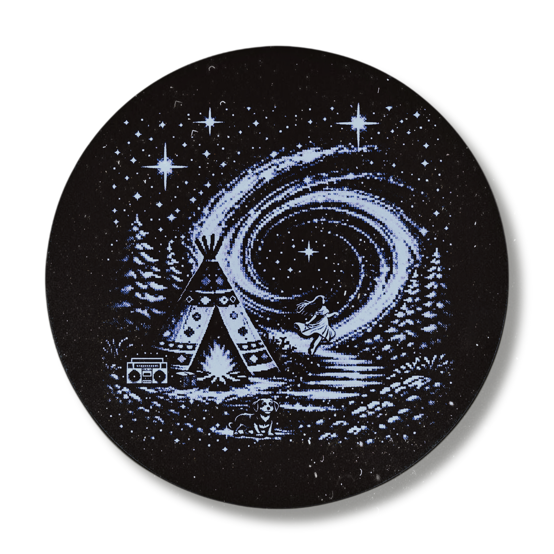 Searching for Stars memory portal icon — teepee campfire and cosmic spiral representing the gateway back to the Searching for Stars homepage.
 illustrating musical echolalia — the way songs unlock memories — in the Searching for Stars multimedia memoir.