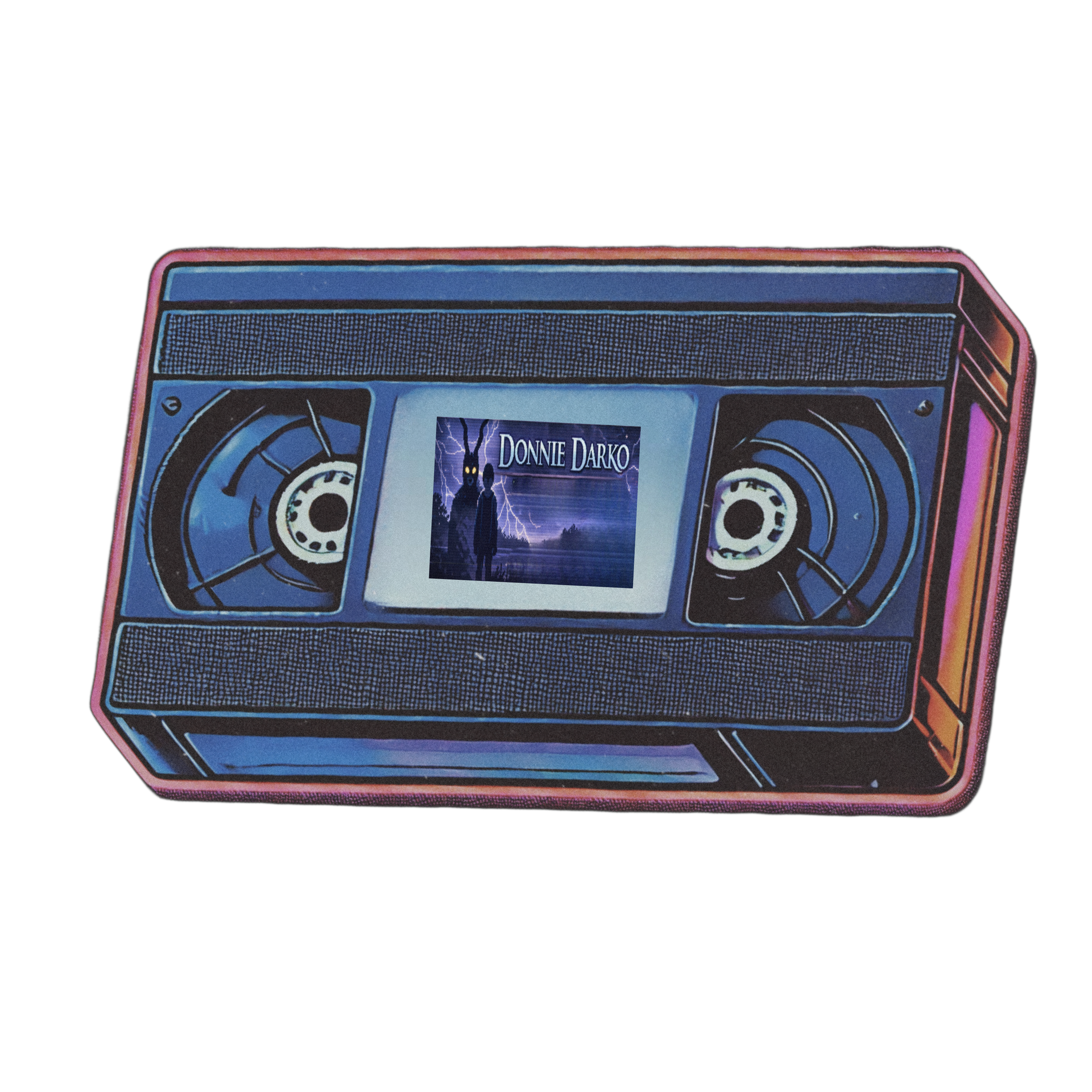 Retro VHS cassette featuring Donnie Darko on the label, styled in nostalgic analog aesthetic, representing film memory, time loops, and emotional resonance within the Searching for Stars multimedia memoir experience by Lauren Nixon-Matney, blending cinematic storytelling with musical echolalia and  millennial  nostalgia. 