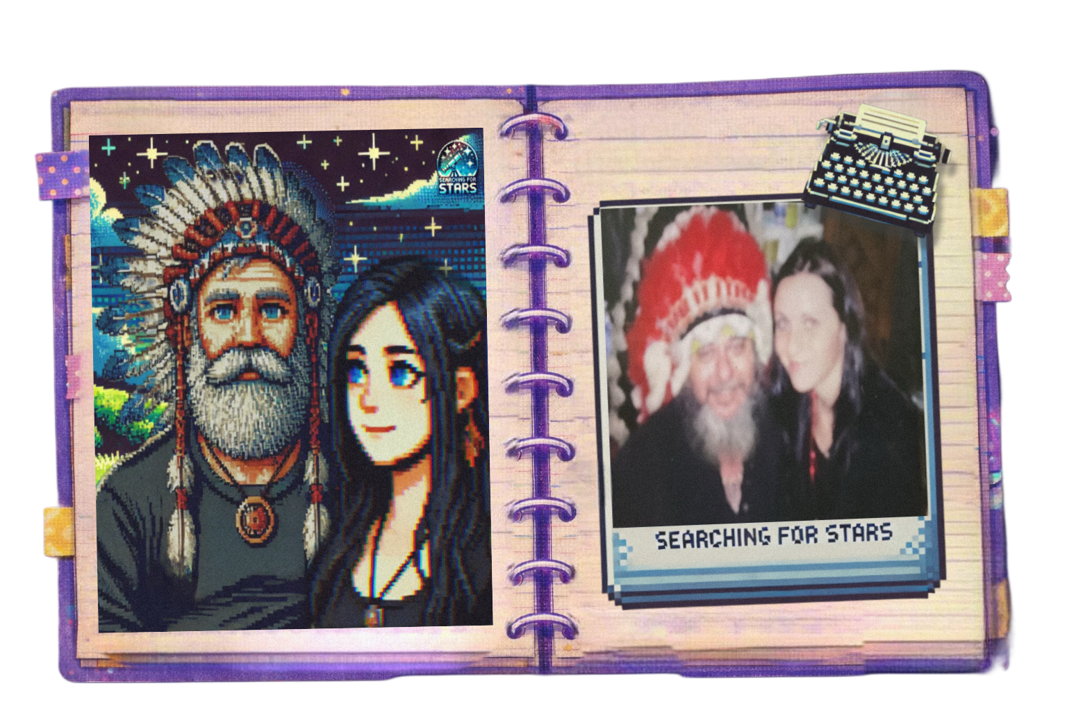 Scrapbook-style pixel art image showing an open notebook with a symbolic retro pixel portrait on the left and a Polaroid-style photo on the right, representing memory, legacy, and reflection. Part of the Searching for Stars universe scrapbook for Landslide. 
