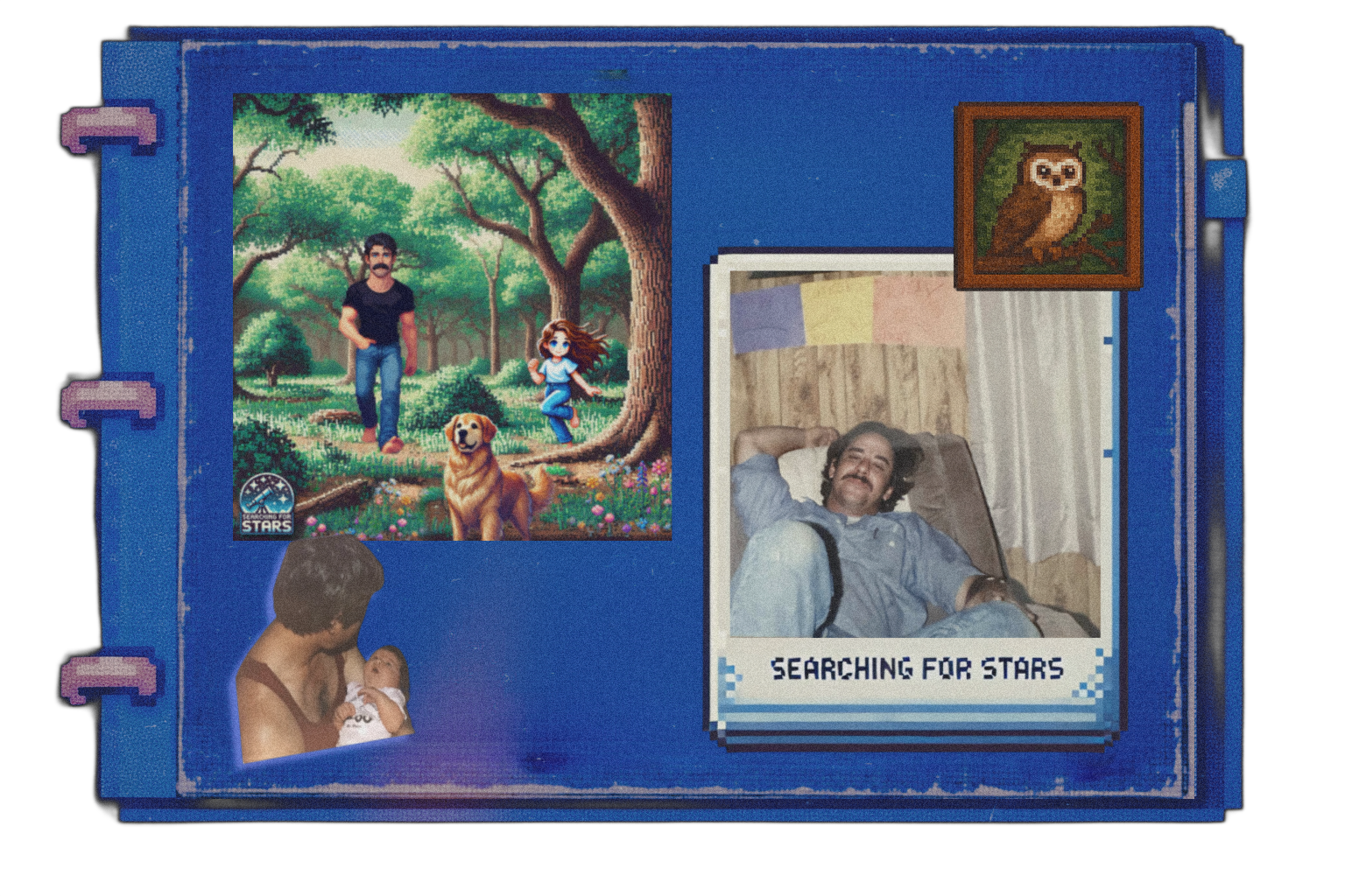 Scrapbook-style pixel art image showing a side-by-side comparison of a real photograph and a Polaroid-style frame from Searching for Stars, featuring a couple at a scenic overlook of The Grand Canyon, with retro cassette tape and smiley face stickers inspired by memory, music, and a Randy Travis Vinyl.