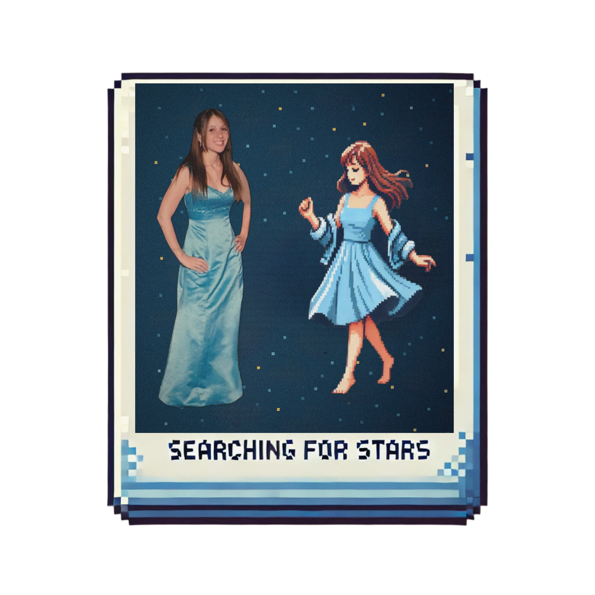 Scrapbook-style pixel art image showing an open notebook with a symbolic retro pixel portrait on the left and a Polaroid-style photo on the right, representing memory, legacy, and reflection. Part of the Searching for Stars universe scrapbook for Landslide. 