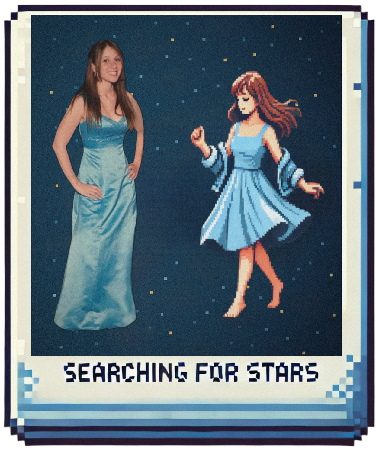 Scrapbook-style pixel art image showing an open notebook with a symbolic retro pixel portrait on the left and a Polaroid-style photo on the right, representing memory, legacy, and reflection. Part of the Searching for Stars universe scrapbook for Landslide.