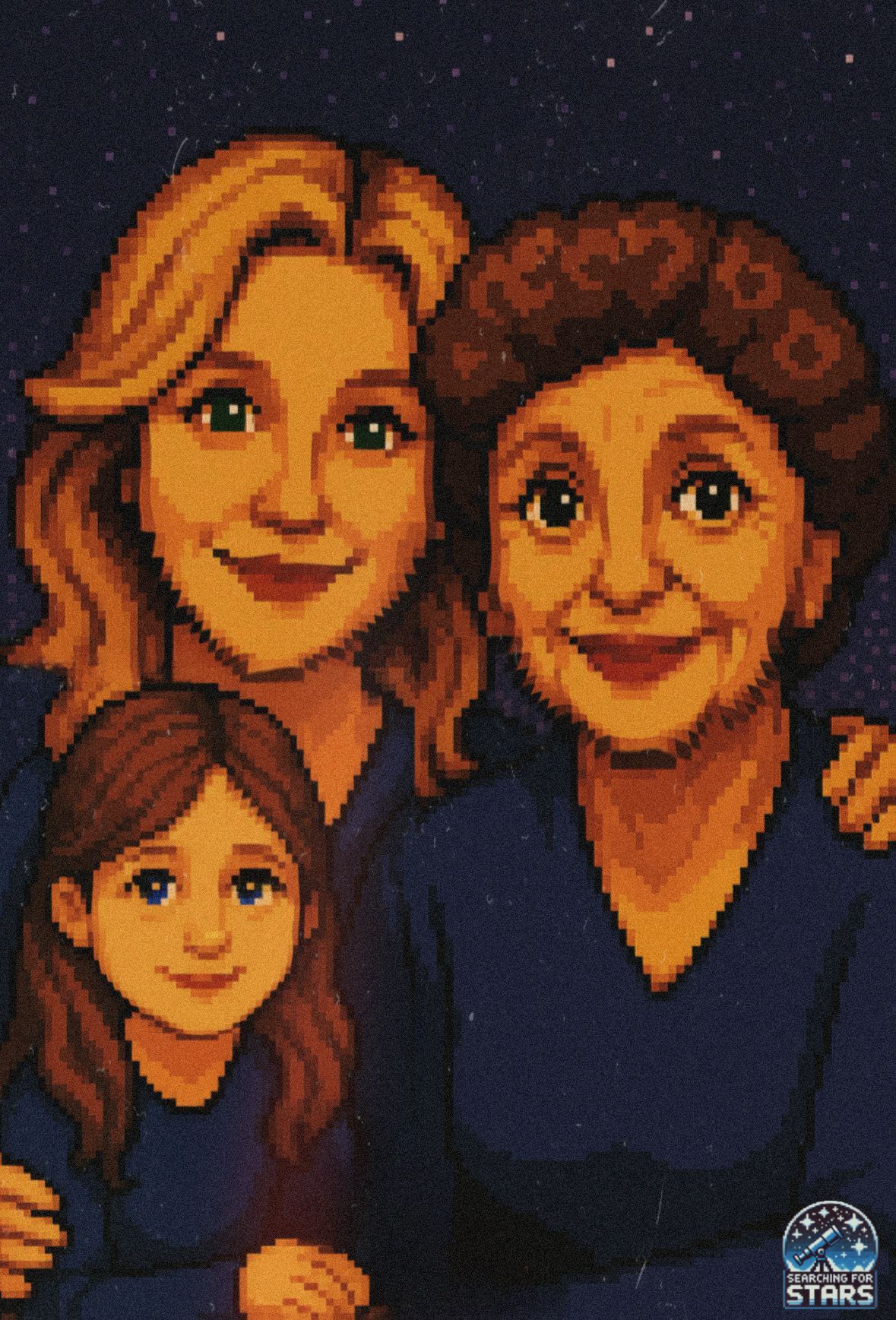 Retro pixel art portrait of three generations of women smiling together beneath a starry sky, symbolizing legacy, maternal bonds, and enduring love through grief, layered with musical echolalia and reflecting the generational healing and emotional depth of Hope Floats.