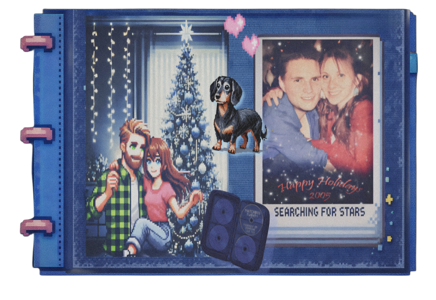 Scrapbook-style pixel art image showing a side-by-side comparison of a retro pixel illustration and a Polaroid-style photo of Lauren and Jamie during their first Christmas together, with a small pixel dachshund and music-themed details. Part of the Searching for Stars scrapbook inspired by the story 