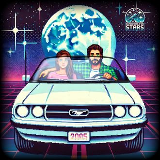 Pixel art image of Lauren and Jamie driving through time-young love, memory, and music shaping the feeling of motion in a Searching for Stars universe.