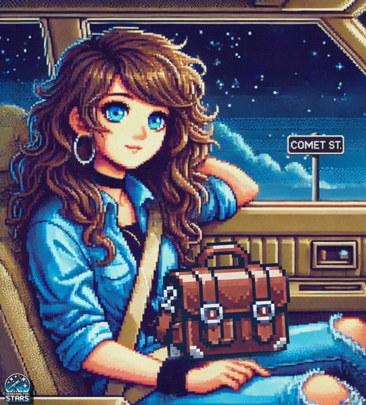 Pixel art image of young Lauren riding in a car at night near comet street, representing the memory of musical repetition and movement in a Searching for Stars universe.  The Cosmic Sound Shop