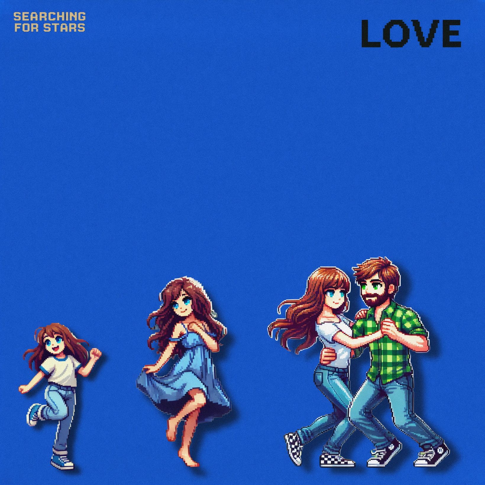 Retro style pixel art illustration of a girl growing into adulthood and dancing with her partner, set against a blue background with 