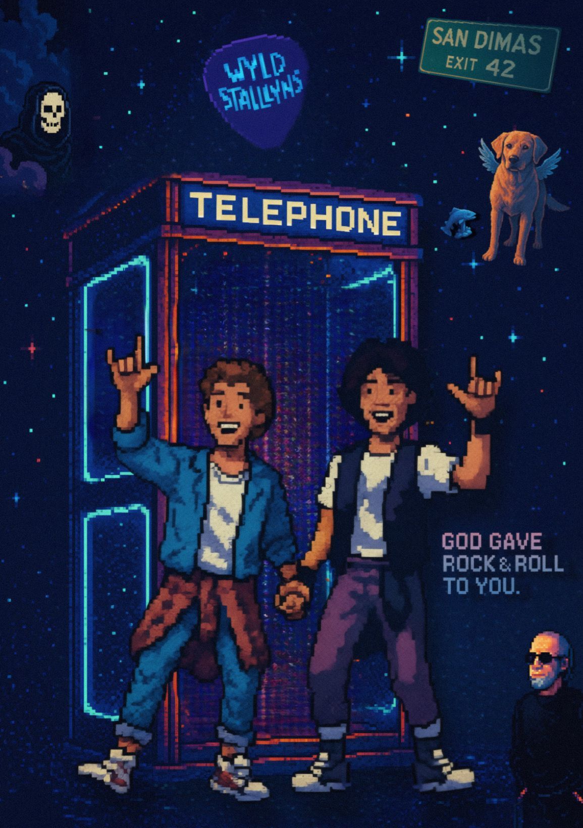 Pixel art illustration of two smiling teenage boys holding hands in front of a glowing telephone booth in space, inspired by Bill & Ted's Excellent Adventure and Bogus Journey, with stars, a 