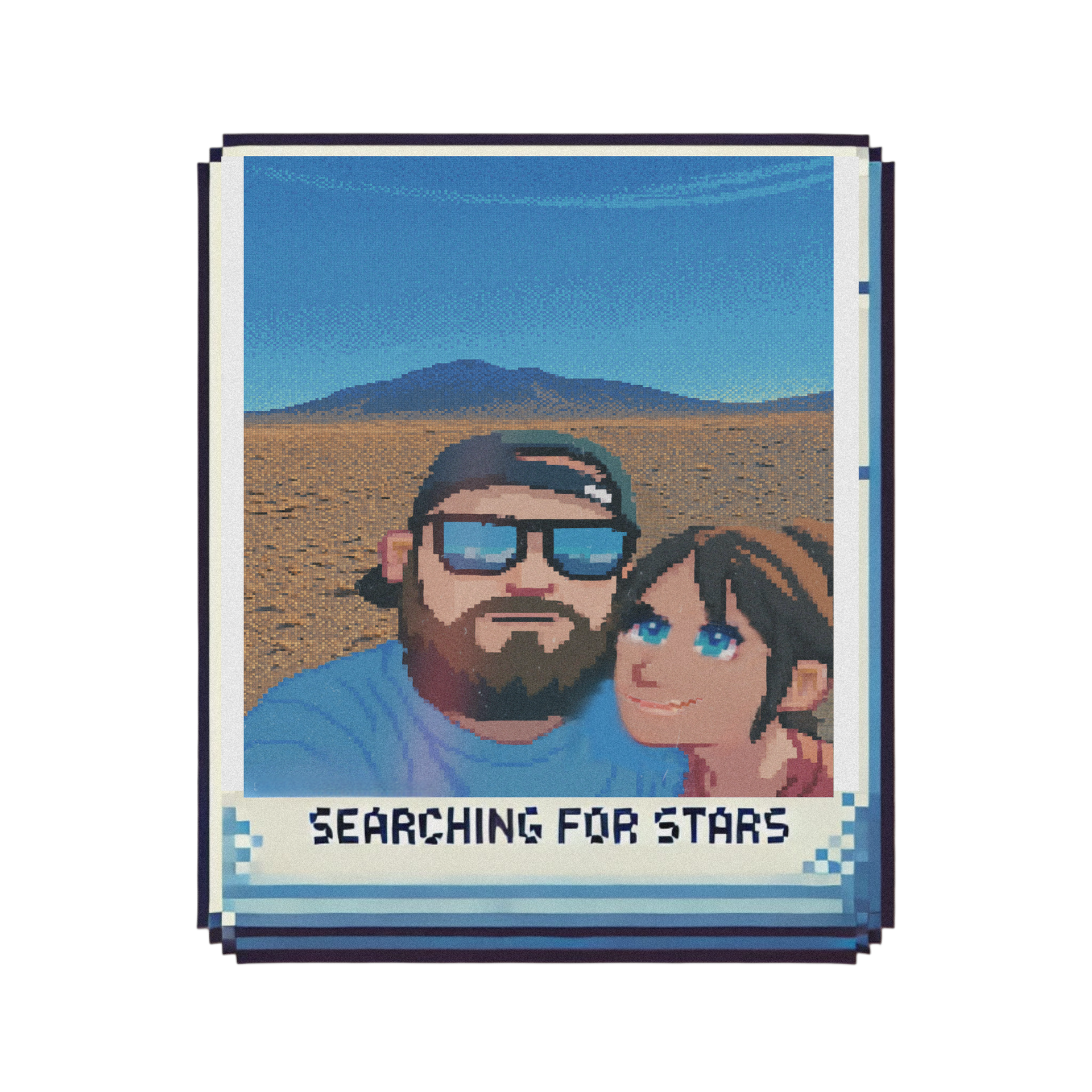 Pixel-style Polaroid image of a couple in the New Mexico desert with mountains in the background, labeled “Searching for Stars,” capturing road trip memory, love, and shared storytelling within the Searching for Stars multimedia memoir series by Lauren Nixon-Matney, expressed through a musical echolalia perspective.
