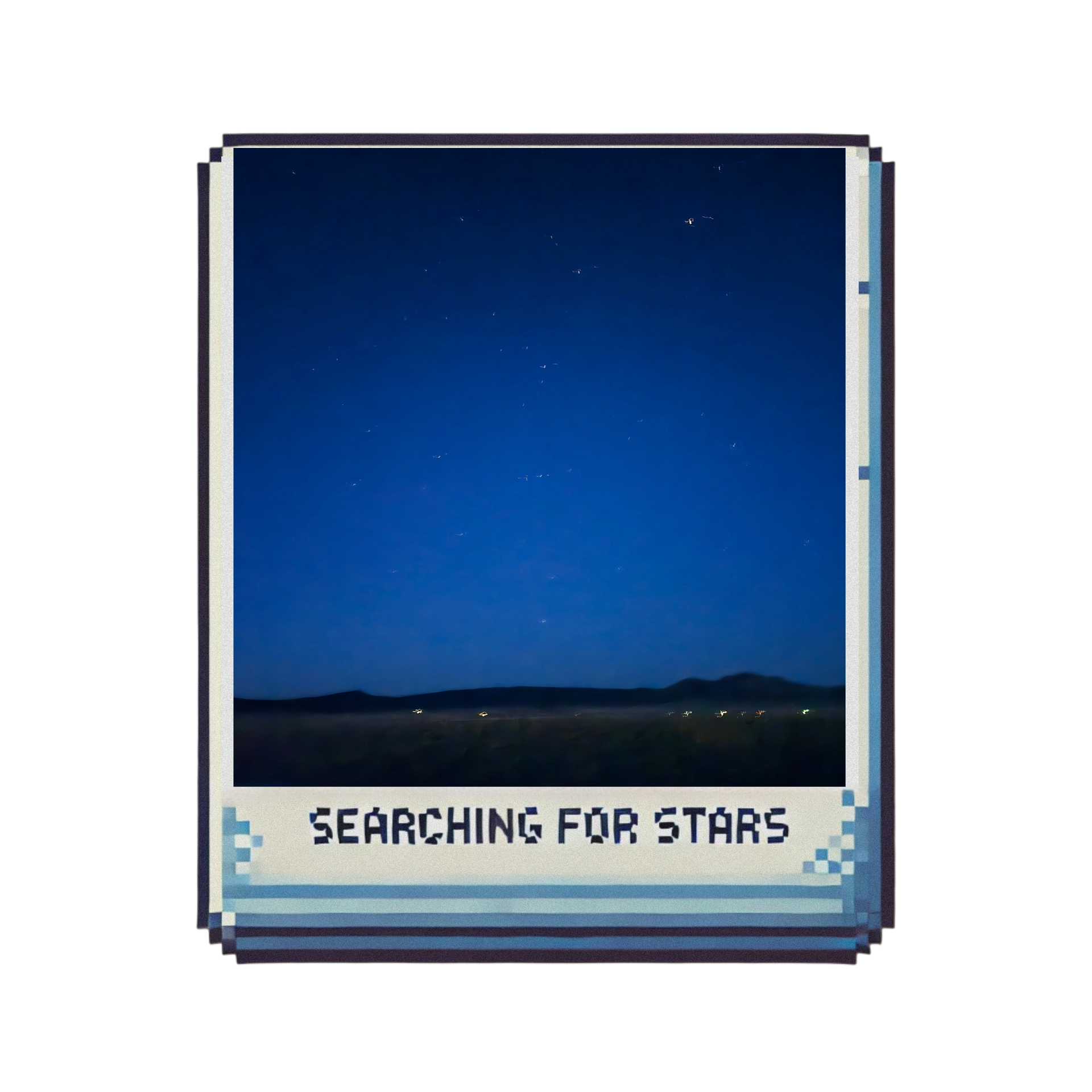 Pixel-style Polaroid image of a vast New Mexico night sky filled with stars above a dark landscape, labeled “Searching for Stars,” representing wonder, memory, and cosmic reflection within the Searching for Stars multimedia memoir universe by Lauren Nixon-Matney, expressed through a musical echolalia perspective.
