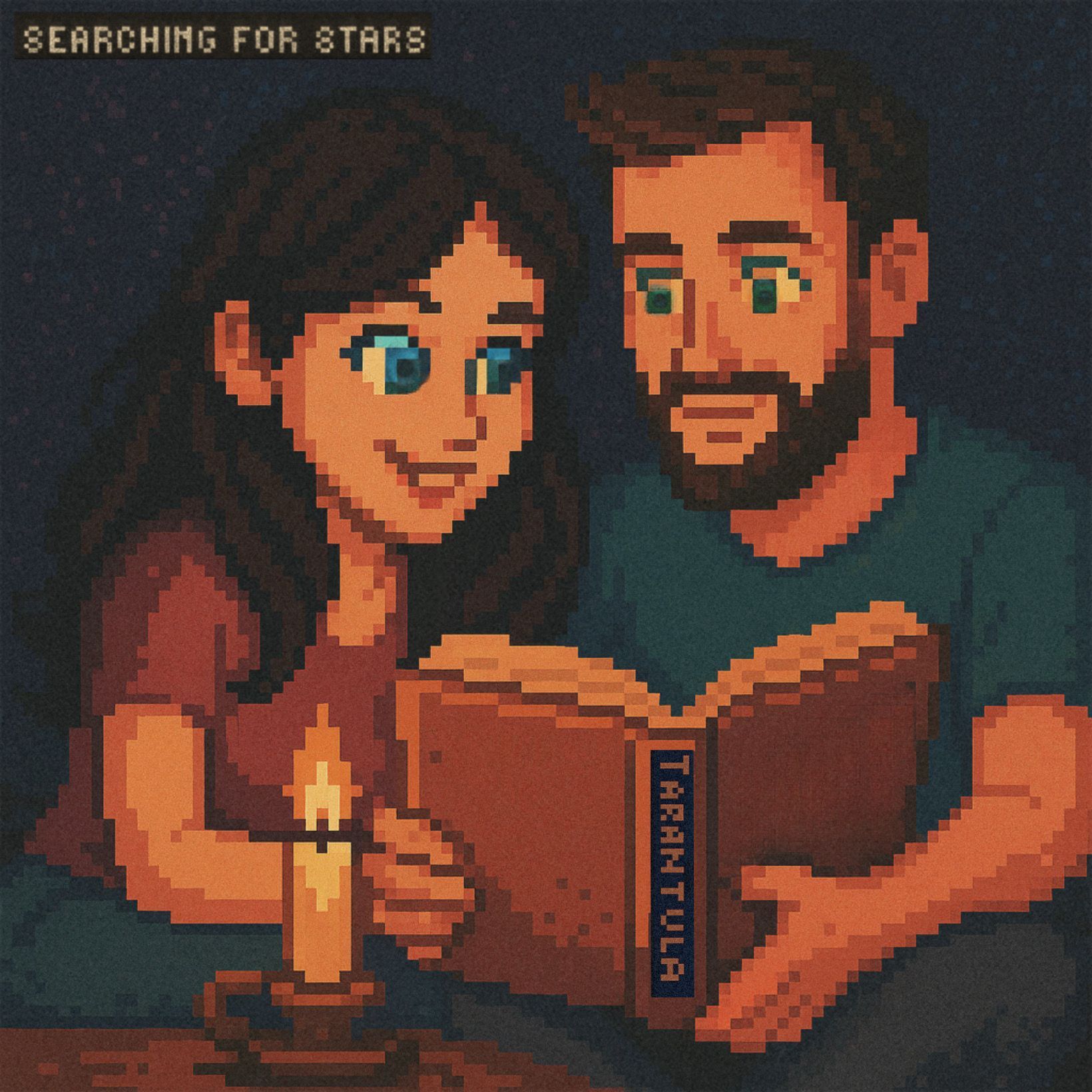 Retro 32-bit pixel art of a couple reading  Bob Dylan’s book Tarantula by candlelight under a “Searching for Stars” banner, evoking intimacy, memory, and musical echolalia through literature and love, reflecting the emotional storytelling and quiet healing themes of Hope Floats.
