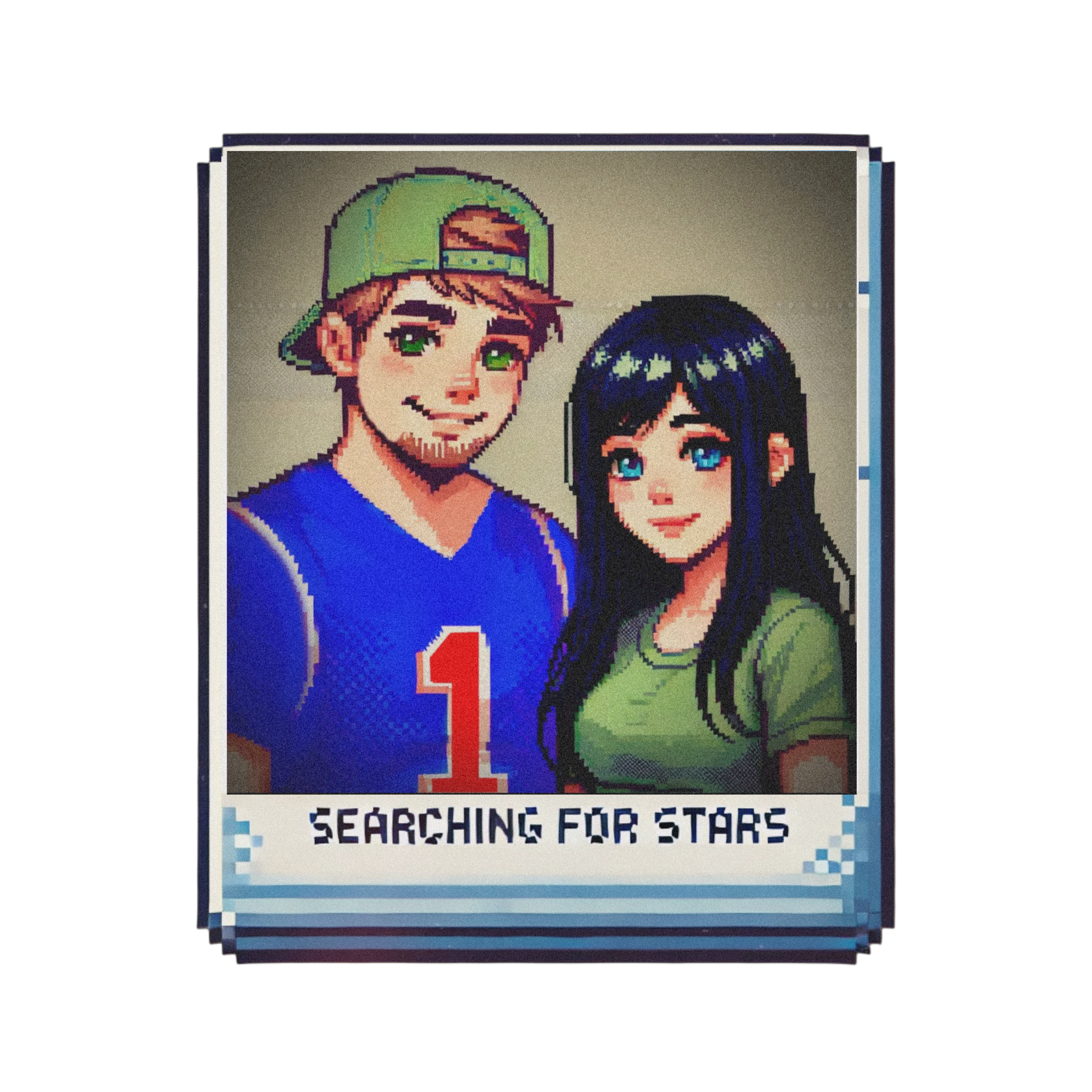 Pixel art Polaroid portrait of a young couple, Lauren and Jamie standing side by side, representing early stages of young love for Searching For Stars memoir and musical echolalia experience.