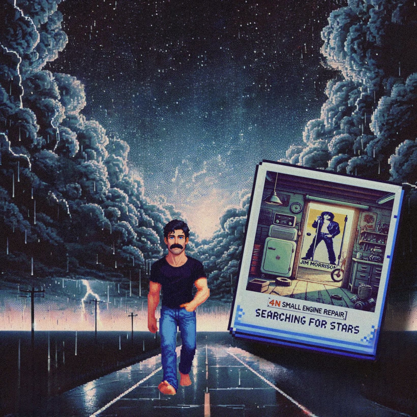 A moody pixel photograph of a wet highway at dusk, wet asphalt  reflecting fading light, deep clouds gathering above. Creative reflections that suggest motion and memory.  The image evokes driving through a storm- both literal and emotional- guided by musical echolalia 