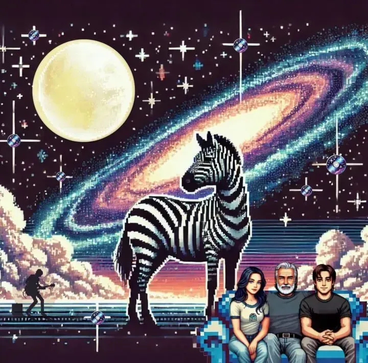 Pixel art illustration of a family seated beneath a glowing Galaxy and star-filled night sky a silhouette of a rock star and a giant zebra in space, symbolizing music, memory and shared emotional orbit, part of the Searching for Stars universe.