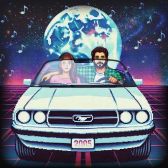 Searching for Stars homepage hero image Pixel art image of Lauren Nixon_Matney and Jamie Matney driving through time representing a visual depiction of musical echolalia through memory, young love, and music shaping the feeling of motion in a Searching for Stars multimedia mixtape memoir story galaxy.
