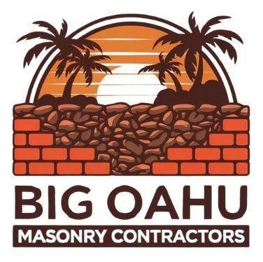 Logo for Big Oahu Masonry Contractors featuring a sunset, palm trees, a brick wall, and rocky texture in warm orange tones.