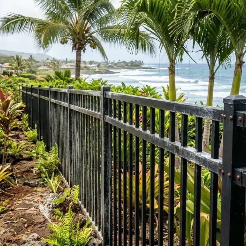 Aluminum fence in coastal Oʻahu showing salt exposure and surface oxidation from Hawaiʻi climate