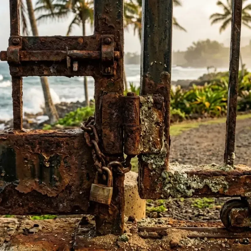 Coastal gate corrosion on Oahu Hawaii caused by salt air exposure on metal hinges and hardware