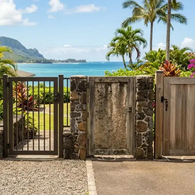 Comparison of vinyl, aluminum, wood, and masonry gates in Oahu HI showing durability in coastal humidity and salt air