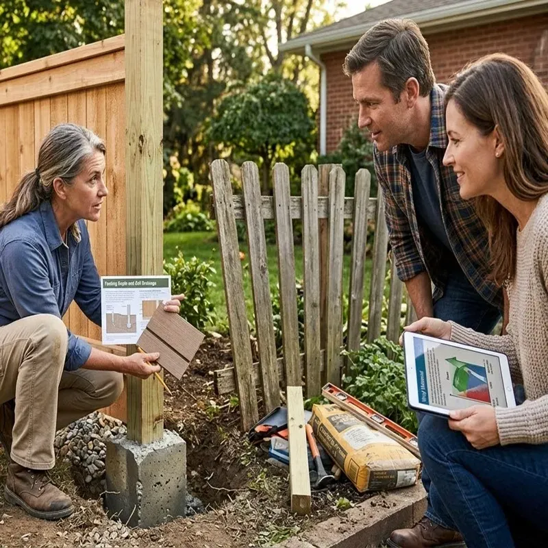 Contractor explaining fence footing depth and drainage solutions to homeowners during a fence repair consultation