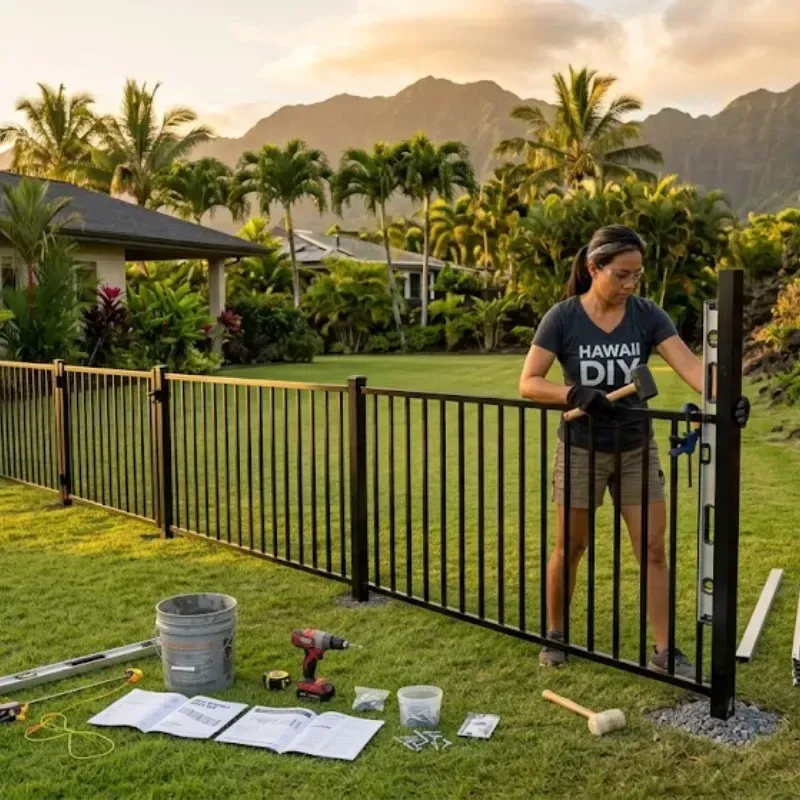 DIY aluminum fence installation on flat Hawaii backyard property with level post alignment and residential fencing setup