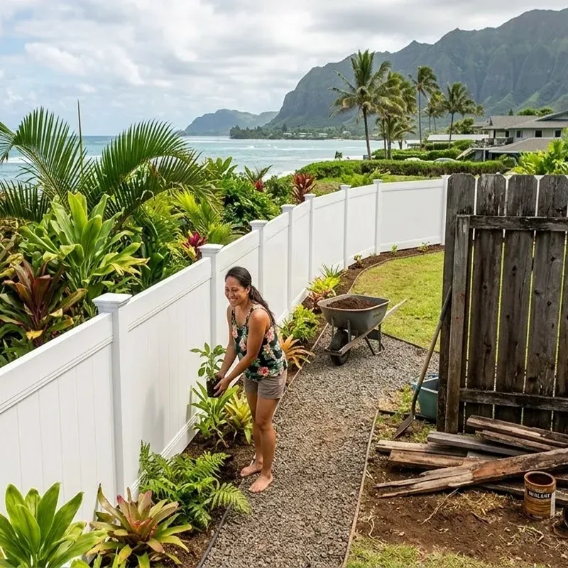 Eco-friendly vinyl fence installation in Hawaii designed for sustainable island living and long-lasting durability.