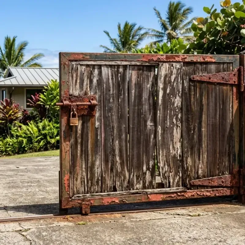 Hawaii gate exposed to sun, salt air, and humidity causing rust, warping, and damage – gate installation and maintenance in Hawai