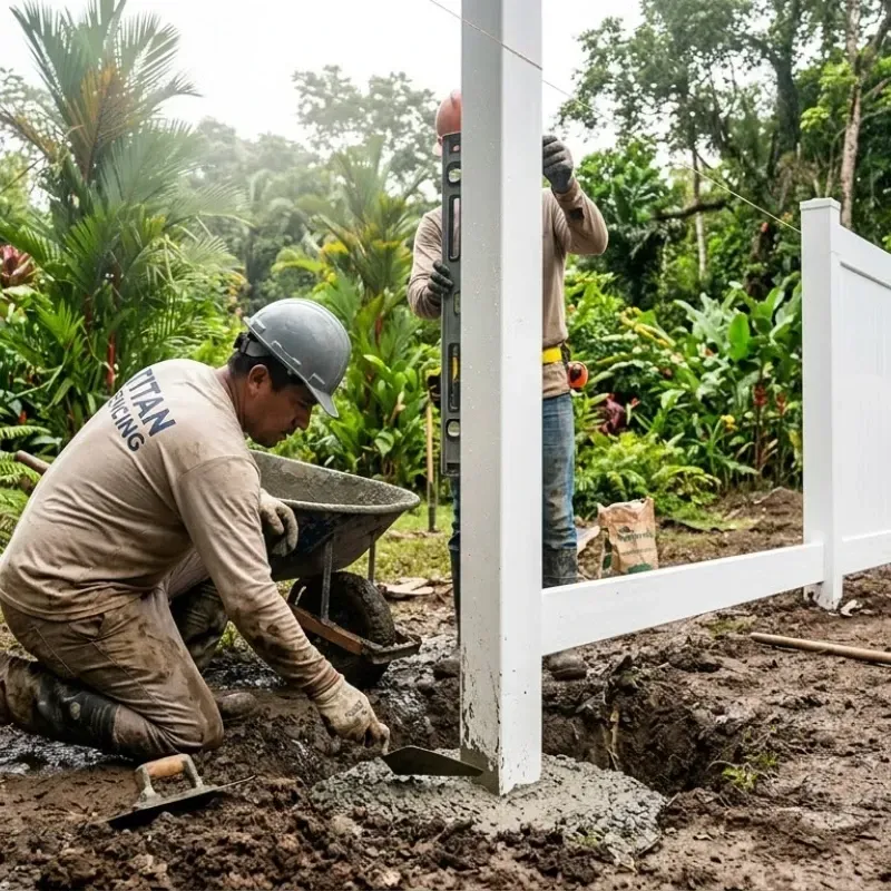 Hawaii vinyl fence installation showing deep concrete footings and proper drainage to prevent leaning posts in humid soil conditions