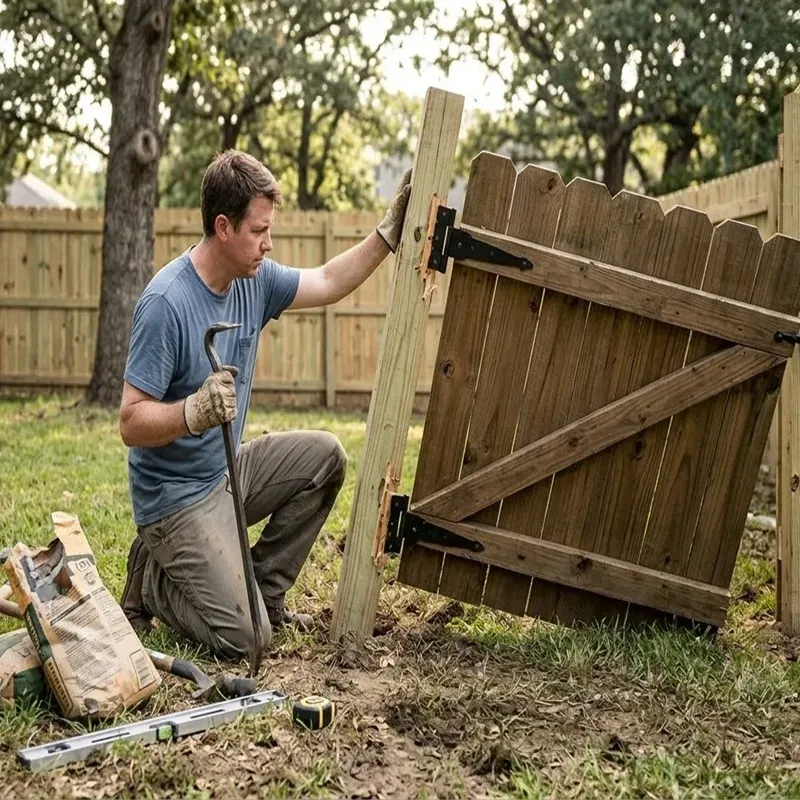 Homeowner attempting DIY gate installation without structural knowledge on a residential fence property in Oahu, Hawaii.