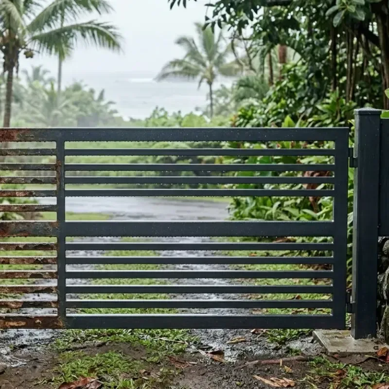 Metal residential gate in coastal Oahu Hawaii showing salt air corrosion from humid tropical climate conditions