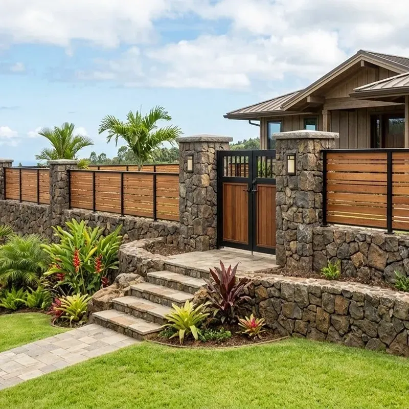 Modern fence connected to stone pillar gate entrance at residential property in Oahu Hawaii.