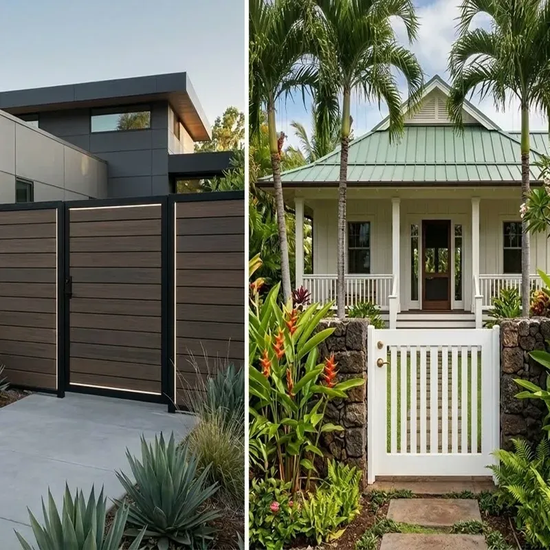 Modern horizontal slat driveway gate matching contemporary home architecture in Oahu Hawaii.