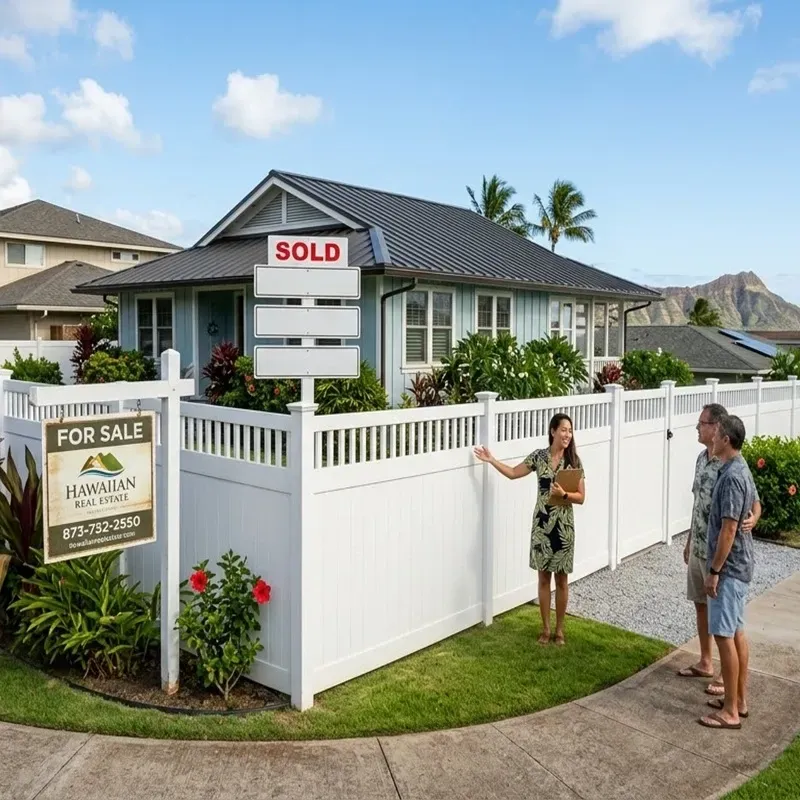 Modern white vinyl fence in a Hawaiian residential yard, showcasing durable low-maintenance fencing that increases curb appeal and long-term property value in Hawaii’s real estate market.