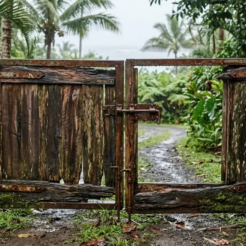 Oahu Hawaii residential gate showing moisture damage from high humidity and constant tropical exposure