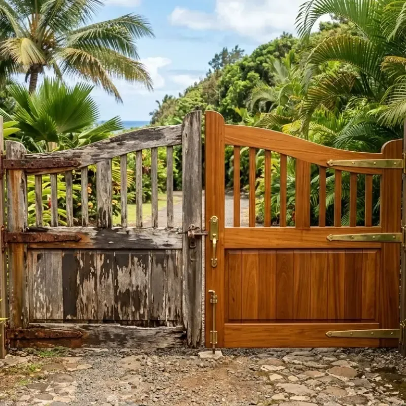 Oahu wood gate on a plantation-style home showing natural cedar finish, affected by island humidity, UV sun, and coastal salt exposure, illustrating maintenance challenges for homeowners in Hawaii