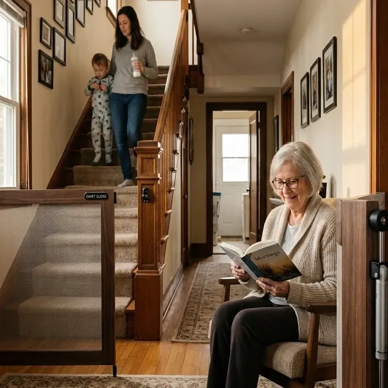 Quiet residential gate with soft-close hinges installed for a peaceful multi-generational home environment
