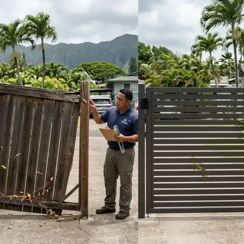 Solid panel driveway gate in Oahu showing wind pressure impact on hinges and posts during strong trade winds.