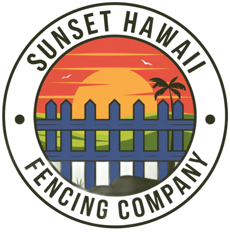 Logo for Sunset Hawaii Fencing Company: a sunset scene behind a blue picket fence, inside a circular frame.
