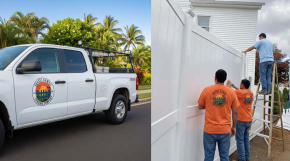Three workers in matching orange shirts install a white vinyl fence next to a Sunset Hawaii Fencing Pickuppickup truck.
